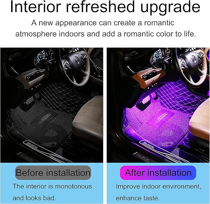 Car Footwell Interior Atmosphere Lights, Multicolor RGB Car Ambient Lighting Kit, DIY Mode Sound Active Music Sync, RF Remote Control + APP Control DC 12V