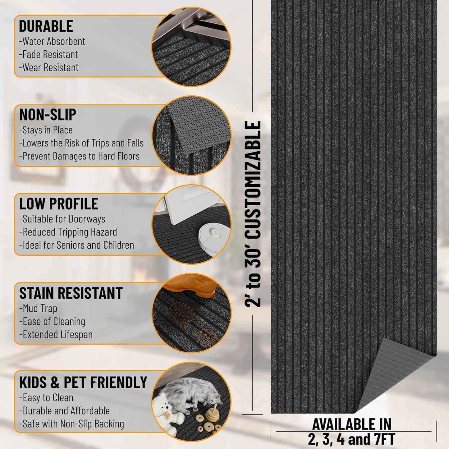 Ottomanson 2' x 54' Hallway Runner with Scraper Pile Extra Durable Non-Slip Rug Mat for Indoor & Outdoor Use - Ideal for Kitchen, Entryway, Patio & Garage - High-Traffic Carpet, Black