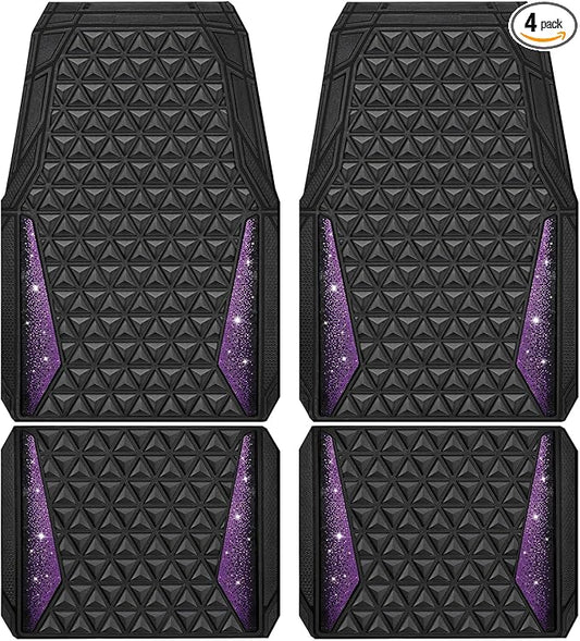 CAR PASS Bling Rubber Car Mats Diamond Floor Mats Full Set Anti-Slip 3D Rhombus Waterproof Universal Trim to Fit Liner Glitter Crystal Sparkly Shining Rhinestone Girl Women SUV Sedan Van, Black Purple