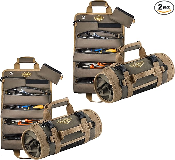 The Ryker Roll Up Tool Bag Organizer Gifts for him (2-pack) Heavy Duty Small Motorcycle Tool Roll Bag Organizer Portable Rollup Toolbag w/Detachable Pouches Mens gifts for Dad, Mechanic & Hobbyist