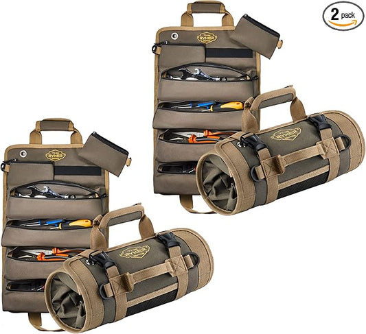 The Ryker Roll Up Tool Bag Organizer Gifts for him (2-pack) Heavy Duty Small Motorcycle Tool Roll Bag Organizer Portable Rollup Toolbag w/Detachable Pouches Mens gifts for Dad, Mechanic & Hobbyist