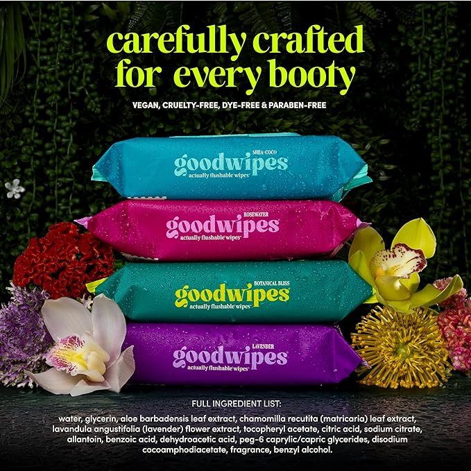 goodwipes Flushable Butt Wipes - Vitamin E & Aloe - Sewer & Septic Safe - Extra Large Adult Wet Wipes For Women & Men - Toilet Essential - Botanical Bliss, 153 Count (3 Packs + 3 Individually Wrapped)