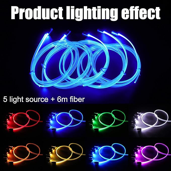6 Meters Optic Fiber Car Ambient Lighting with Bluetooth App Control 64 Colors Multicoloured Music Interior Lighting Kit DC 12V 1W