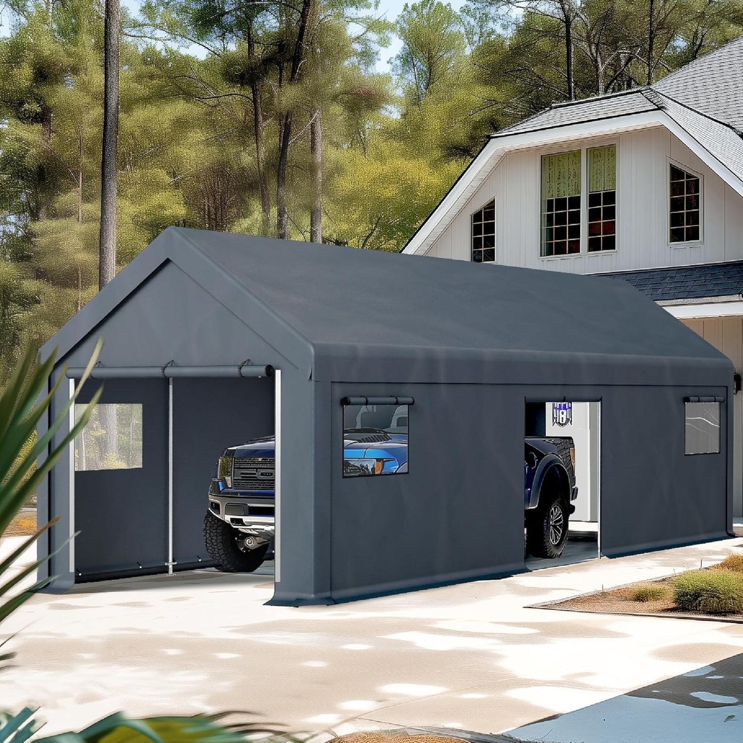 PHI VILLA 13'x24'x9.6' Outdoor Portable Storage Shelter Shed Garage with Roll up Zipper Doors & Vents Carport for Motorcycle Waterproof and UV Resistant Anti-Snow Portable Garage Kit Tent, Gray