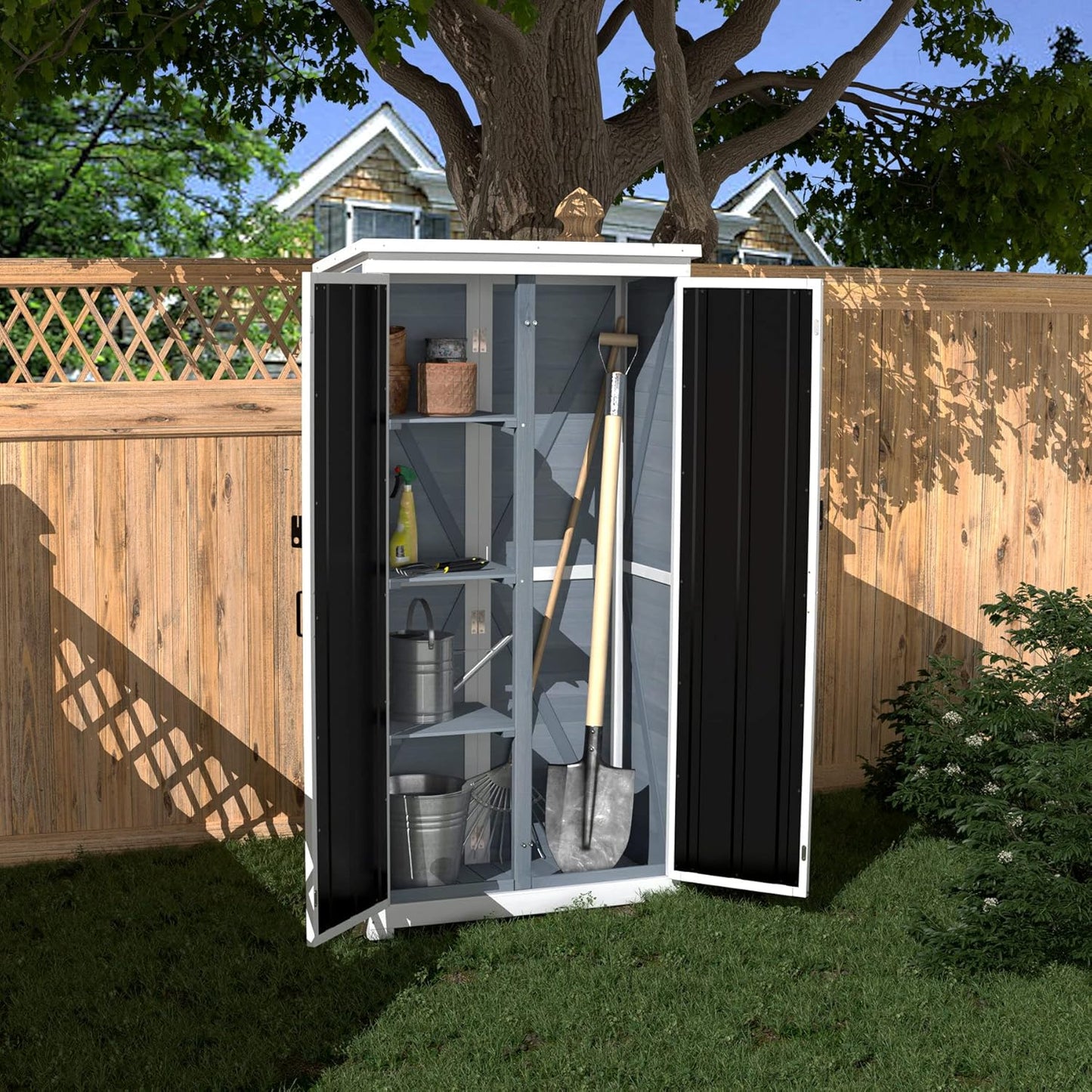 GDLF Outdoor Storage Cabinet Wood & Metal Garden Shed with Waterproof Roof and Sturdy Lockable Doors 66"