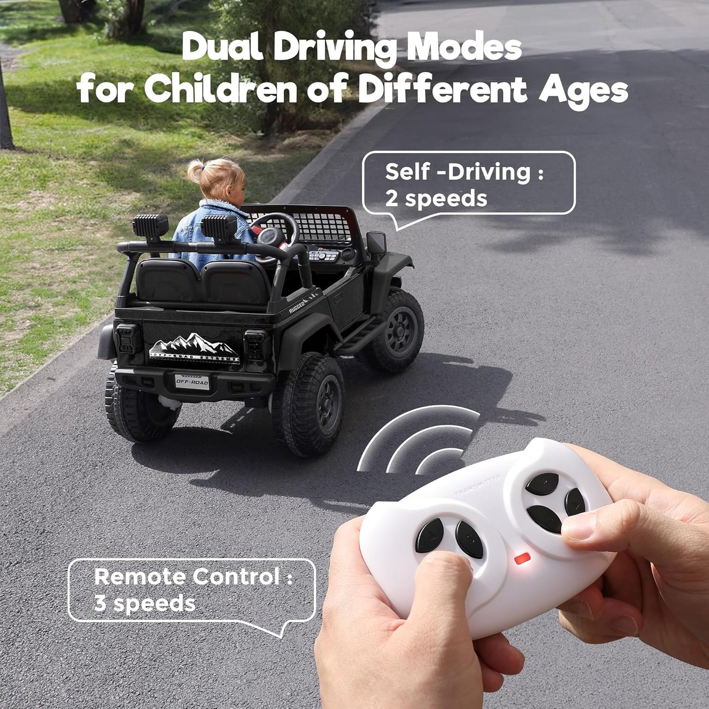 2 Seater Ride on Car, 12V 7AH Electric Car with Parent Remote Control, Spring Suspension, LED Headlight & Music Player, 3 Speeds Kids Cars to Drive (Black)