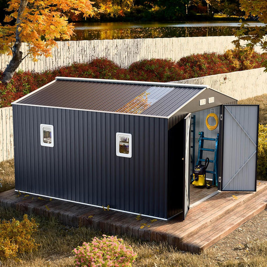 10x12 FT Metal Storage Shed with Floor Frame Extra Large Waterproof Storage House with Clear Roof Windows Air Vent for Garden Yard to Store Bikes,Lawnmower,Dark Grey