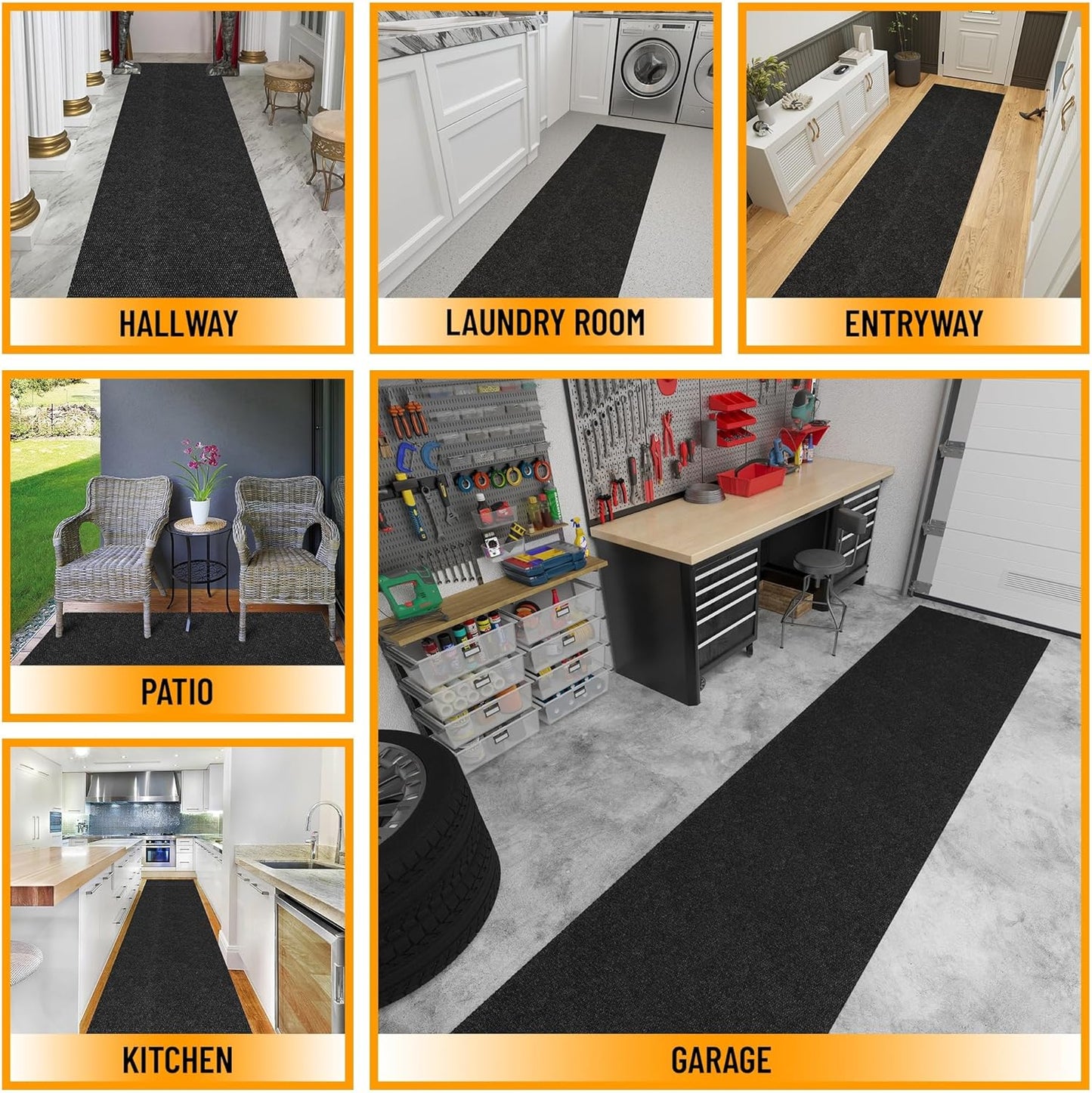 Ottomanson 2' x 12' Hallway Runner with Scraper Pile Extra Durable Non-Slip Rug Mat for Indoor & Outdoor Use - Ideal for Kitchen, Entryway, Patio & Garage - High-Traffic Carpet, Black
