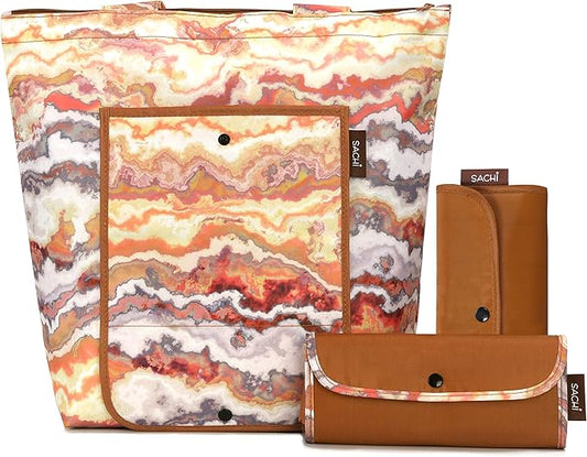 Sachi 3 Piece Market Tote Set – Insulated Therm,an Reusable Grocery Bags for Cold and Hot Foods – Lightweight, Portable and Fold-able (Marble Sunset)