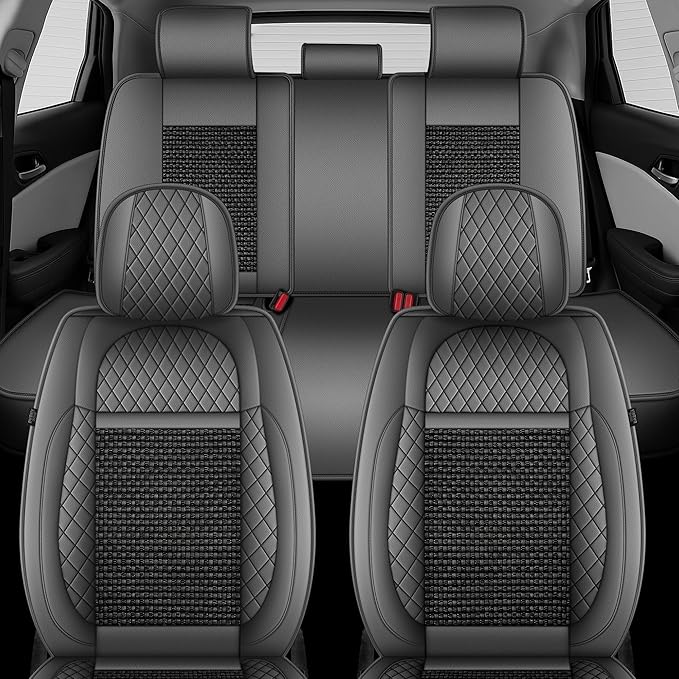 TTX LIGHTING for Honda Pilot 2005-2016 Car Seat Covers, Breathable Ice Silk & Leather Seat Protector, Cool & Anti-Sweat for Long Driving, Airbag Compatible, 5 Seats Full Set (Black&Gray)