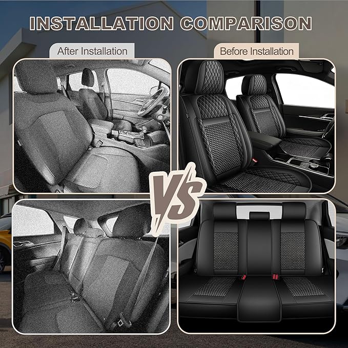 TTX LIGHTING for Toyota Prius 2003-2015 Car Seat Covers, Breathable Ice Silk & Leather Seat Protector, Cool & Anti-Sweat for Long Driving, Airbag Compatible, 5 Seats Full Set (Black)
