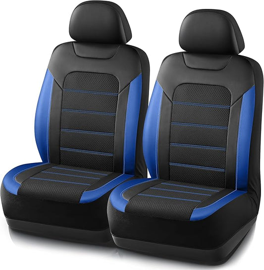 PIC AUTO Car Seat Covers, Premium Leather and Air Mesh Automotive Sports Seat Covers, Two Front Set, Airbag Compatible Universal Fits Most Cars, SUVs, Trucks and Vans (Black & Blue)