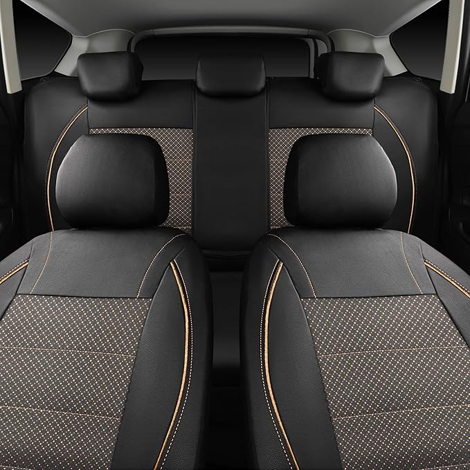 CAR PASS Piping PU Leather Car Seat Cover Full Set,Inside Zipper Design and Reserved Opening Holes,Airbag Compatible,Universal FIT for Car, SUVs,Van,Small Trucks（Full Set, Black & Gold）