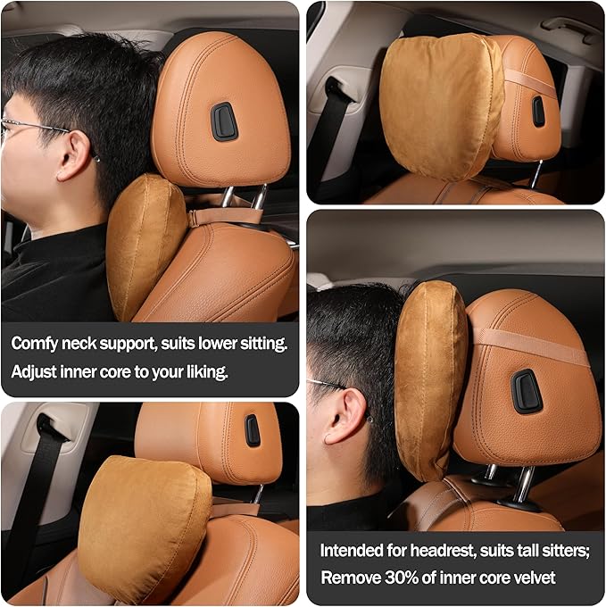 Genuine Leather Car Neck Pillow for headrest,Support Drive Seats Head Cushion,Real Cow Leather,Plant-Based Polyester,Thickness & Height Adjustable,Inner Liner fillable(Orange Brown,1p)
